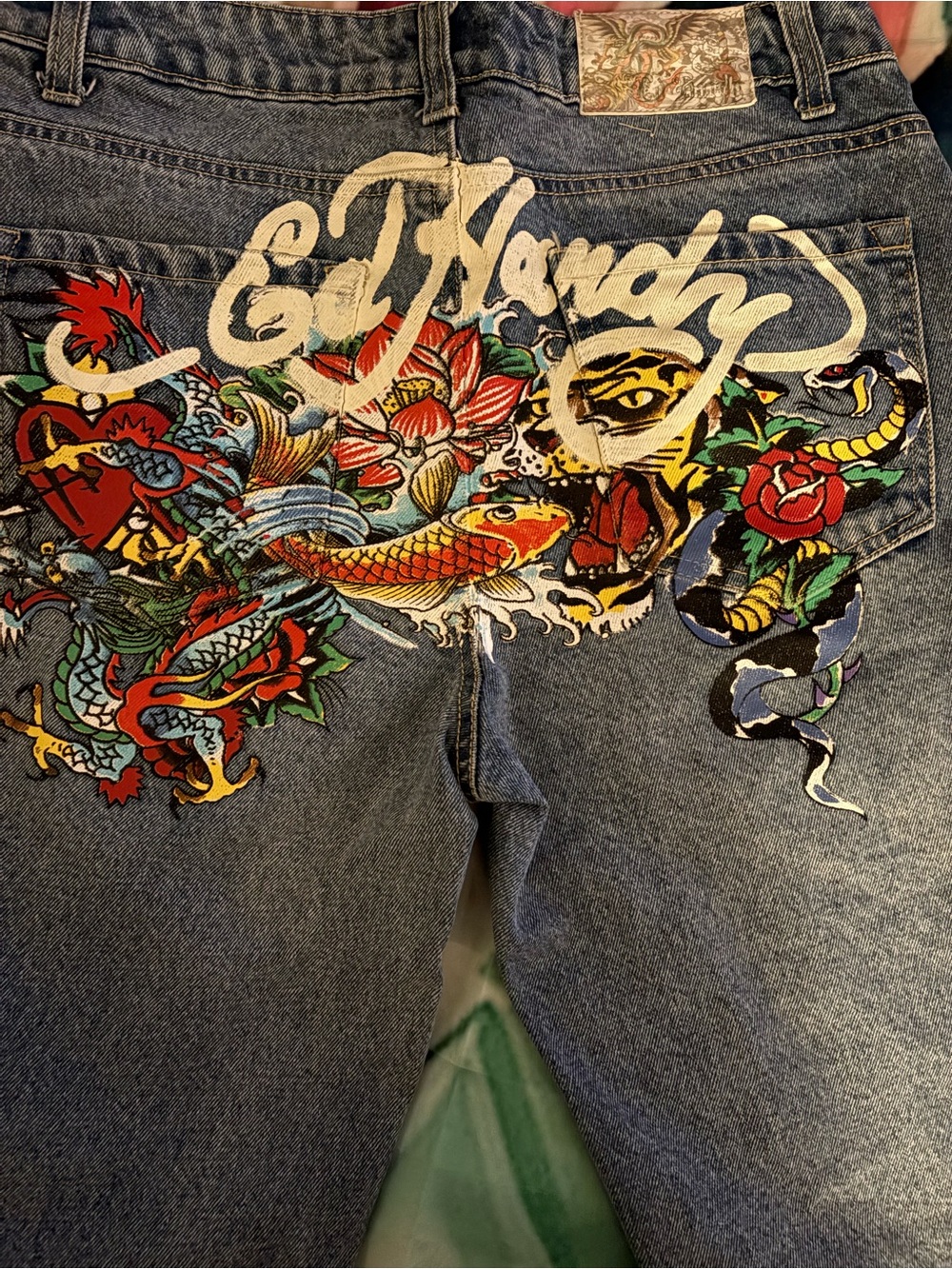 Ed Hardy Blue Denim Jeans with Multicolor Embroidered Tiger & Koi Back Graphic